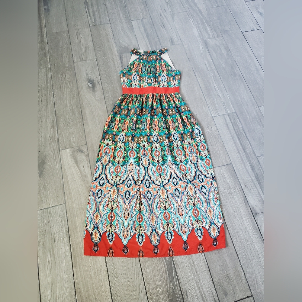 Eliza J petite 100% polyester orange green multicolor halter long dress size 4